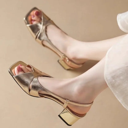 Female Shoes  Solid Brand One-word Buckle Women' Square Toe Sandals Summer Open Toe Chunky Heels Dress Sandals