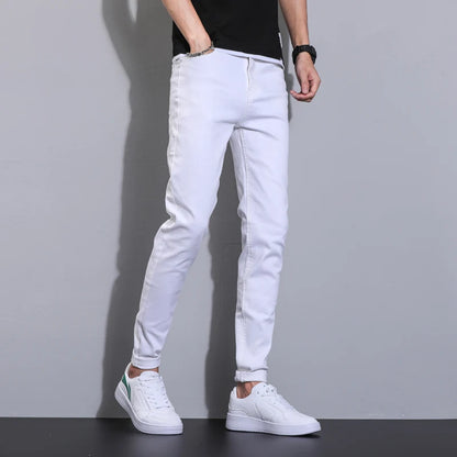Summer men's pure white jeans high-end comfortable slim fit denim pants versatile micro elastic straight leg casual pants
