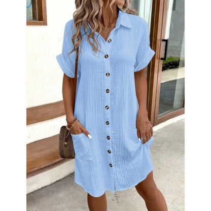 Summer Simple V-neck Button Up Dress Woman Cotton Linen White Short Sleeved Pocket Casual Solid Loose Shirt Mini Dress 2025