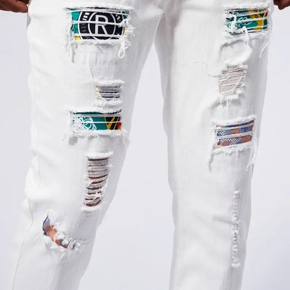 White 97% Cotton Jeans Men Clothing New Ripped Slim Patchwork Fashion Hole Skinny Elasticity Denim Trousers Male Streetwear