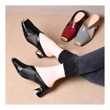 Women's outdoor sandals snakeskin thick heel mesh half slippers square toe sandals