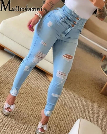 Autumn New Broken Holes High Waist Jeans Women Fashion Casual Denim Trousers Female Button Splicing Slim Fit Skinny Pencil Pants