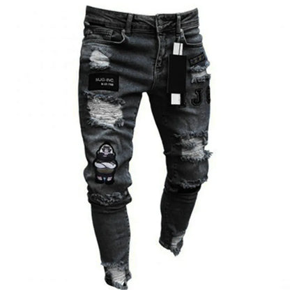 Mens Stretchy Ripped Skinny Embroidered Jeans Men's White Pants Destroyed Hole Slim Fit Denim High Quality Hip Hop Men trousers