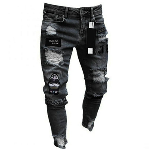 Mens Stretchy Ripped Skinny Embroidered Jeans Men's White Pants Destroyed Hole Slim Fit Denim High Quality Hip Hop Men trousers