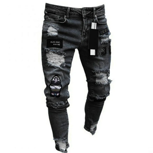 Mens Stretchy Ripped Skinny Embroidered Jeans Men's White Pants Destroyed Hole Slim Fit Denim High Quality Hip Hop Men trousers