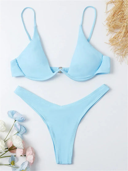 Sexy Underwire Bikini  Women Solid Red Push Up Bra Thong Swimsuit Haler V Neck Bathing Suit Mini Micro Thong Swimwear