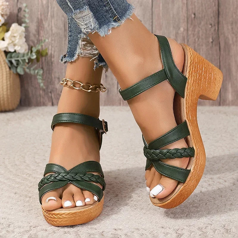 Summer High Heels Sandals Women 2025 Summer Ankle Buckle Platform Sandals Woman Pu Leather Square Heel Gladiator Sandalias Mujer