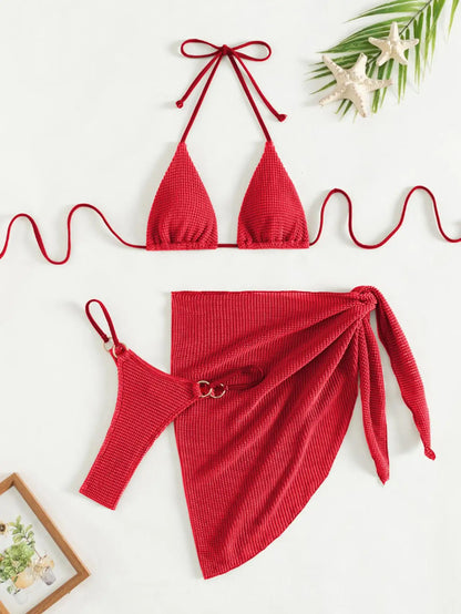 Sexy Brown Bikini Set 4 Women Halter Push Up Bra Skirt 3 Piece Swimsuit Summer Bathing Suit Cover Up Thong Swimwear Biquini