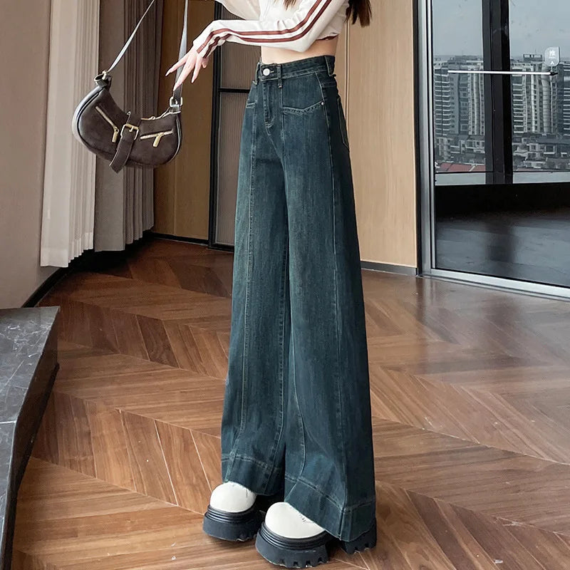 Women's Four Seasons New Fashion Loose Denim Wide-leg Pants, Casual Temperament High-waisted Straight Leg Floor-length Jeans