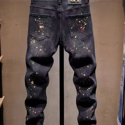 New High Quality Men's Clothing Casual Slim Pencil Pants Distressed Paint Patch Color Ink Graffiti Designer Long Jeans Trousers