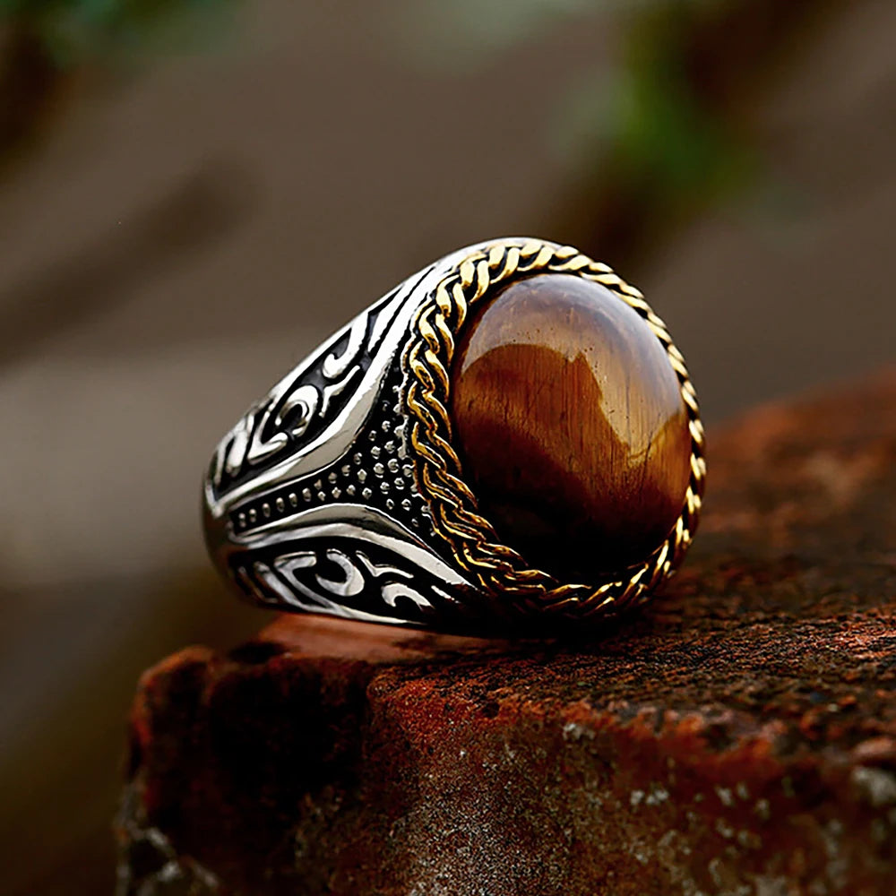 Vintage Stainless Steel Oval Brown Stone Ring For Men Punk Rock Fashion Carved Rings Natural Stone Jewelry Gift Dropshipping