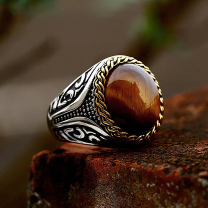 Vintage Stainless Steel Oval Brown Stone Ring For Men Punk Rock Fashion Carved Rings Natural Stone Jewelry Gift Dropshipping