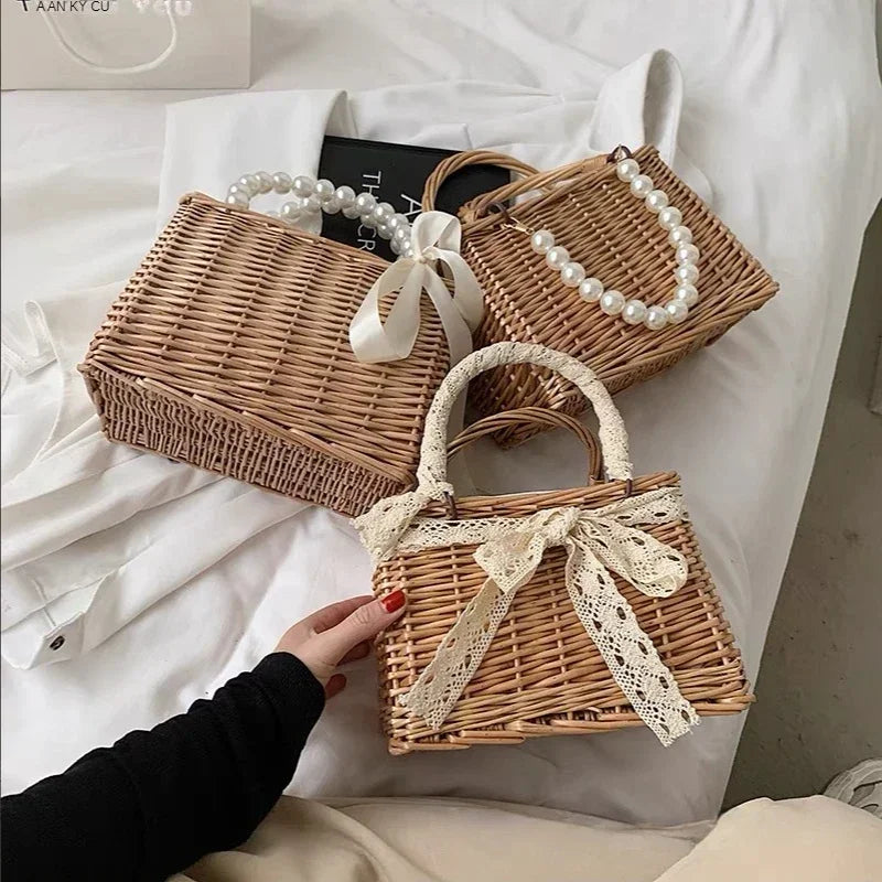 Straw Bags for Women Square Handbags Summer Rattan Shoulder Bags Handmade Knitted Storge Small Totes Bag 2025 New Fashion women