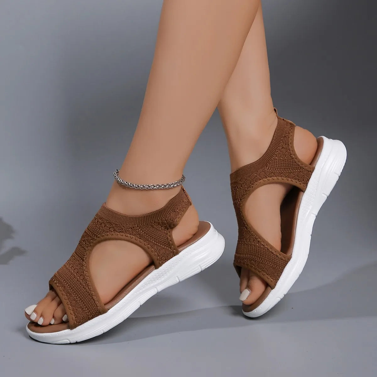 Women Summer Knitted Sports Sandals Casual Slip-On Thick Multifunctional Mesh Stretch Beach Shoes