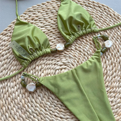 Solid Green Swimwears Sexy Halter Triangle Bead String Bikini Mini Micro Thong Swimsuit Woman 2025 Summer Brazilian Bikinis Sets
