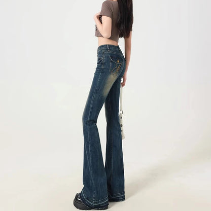 Women's Blue Y2k Flare Jeans Baggy Harajuku Streetwear Aesthetic Denim Trousers Jean Pants Oversize Vintage 2000s Trashy Clothes