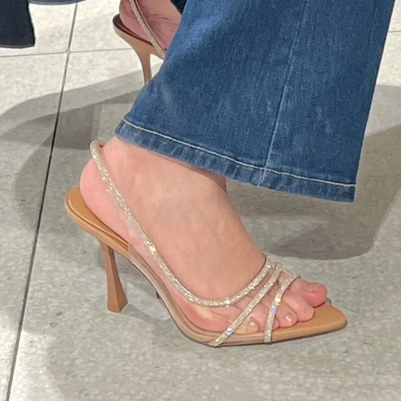 Thin Heel High Heels Women's Summer New Fairy Style Sexy Shallow Mouth Back Hollow Pointed Water Diamond Open Toe Sandals