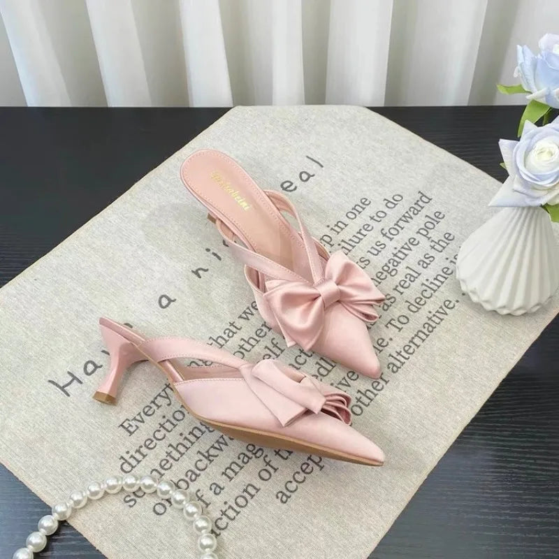 Fairy Style Pink Cool Slippers for Women's Summer 2024 French Pointed Bow Hollow High Heels, Half Wrapped Women's Slippers