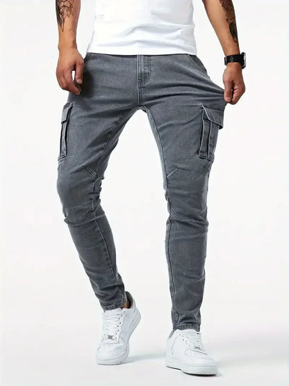Jeans Pencil Pants Men Vintage Denims Distressed Strecth Mid Waist Washed Multiple Pockets Skinny Straight Trousers Streetwear