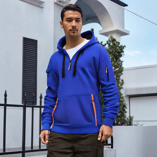 Spring and Autumn New Men's Casual Sports Multi-zipper Arm Pocket Pullover Outdoor Cycling Climbing Windproof Hoodie