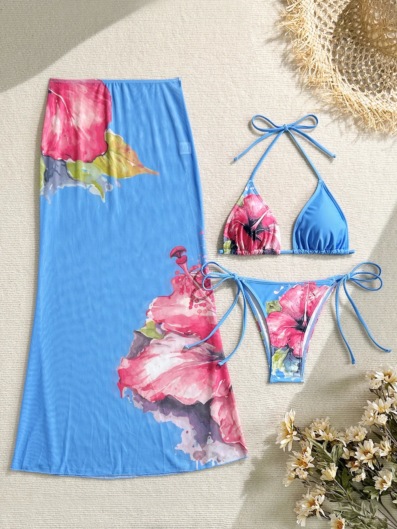 New Flower Print Bikini Set Women's High Waist Long Skirt 3 Piece Swimsuit Sexy Mini Triangle Backless Thong Bathing Suit