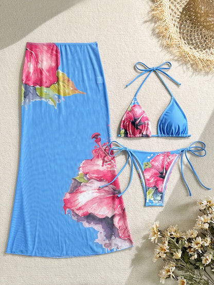 New Flower Print Bikini Set Women's High Waist Long Skirt 3 Piece Swimsuit Sexy Mini Triangle Backless Thong Bathing Suit