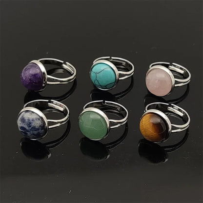 12mm Round Healing Natural Stone Ring Tiger Eye Opal Pink Crystal Adjustable Joint Ring for Women Jewelry