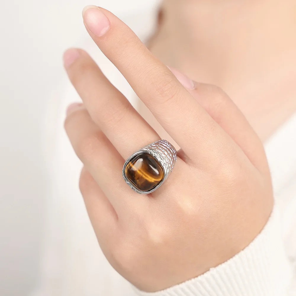 Vintage Knited Design Stainless Steel Rings For Women Pink Square Natural Stone Couple Finger Ring Waterproof Jewelry Gift