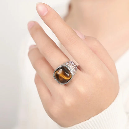 Vintage Knited Design Stainless Steel Rings For Women Pink Square Natural Stone Couple Finger Ring Waterproof Jewelry Gift