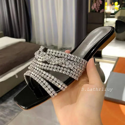 Summer Shiny Rhinestone Decor Flat Slippers Women's Square Toe Hallow Outs Casual Sandals Outdoor Vacation Beach Shoes 2025