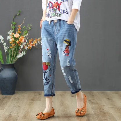 y2k Embroidery Ankle-Length Baggy Jeans Elastic High Waist Capris Lace Up Harem Denim Pants Women Vaquero Oversized 4xl Pantalon