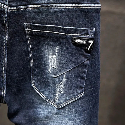American High Street Men's Jeans Trendy Ripped Worn-out Hole Punch Elastic Straight Cut Slim Fit Streetwear Pant for All Seasons