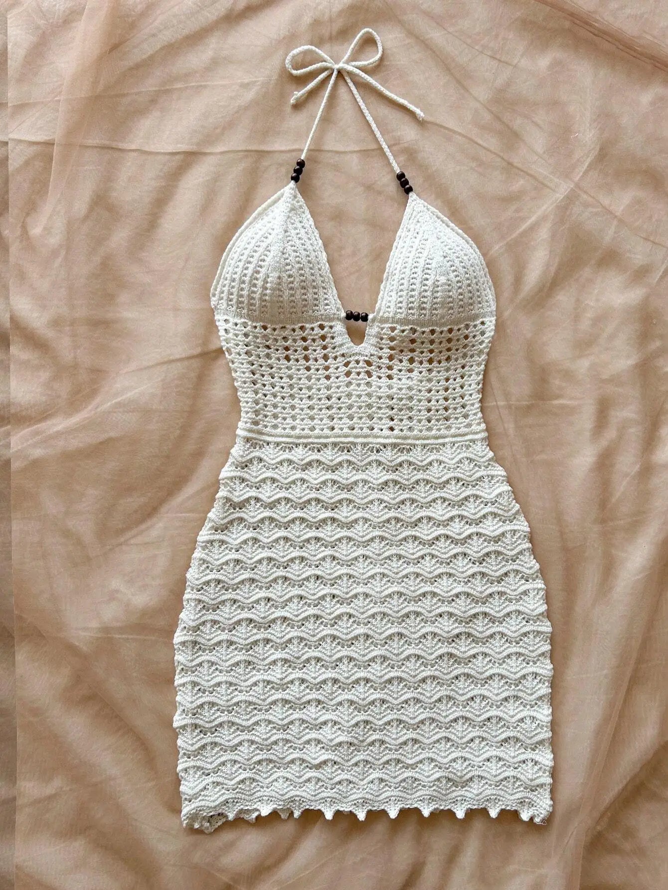 Soleia Summer Sexy V-Neck Hollow-Out Wooden Beads Fitted Dress, Vacation Spaghetti Strap Backless Ombre Knitted Dress, Suitable