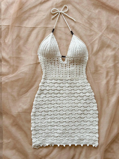 Soleia Summer Sexy V-Neck Hollow-Out Wooden Beads Fitted Dress, Vacation Spaghetti Strap Backless Ombre Knitted Dress, Suitable