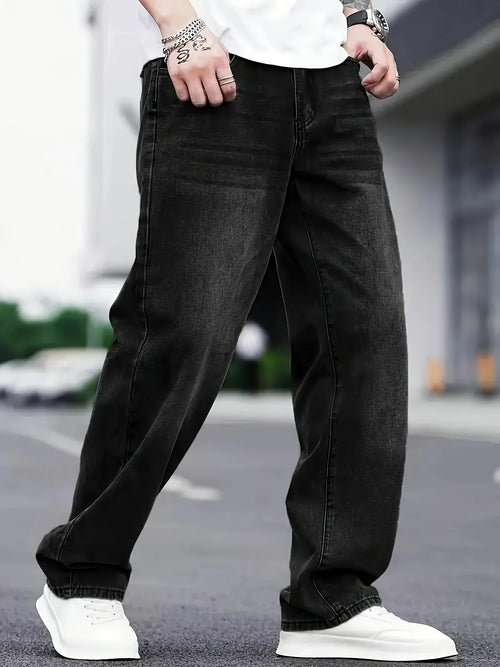 Men's fashion hip hop style loose straight jeans solid color American high street straight pants