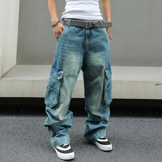 Men's Baggy Denim Cargo Pants Multi-Pocket Wide-Leg Jeans Vintage Washed Loose Fit Streetwear Style