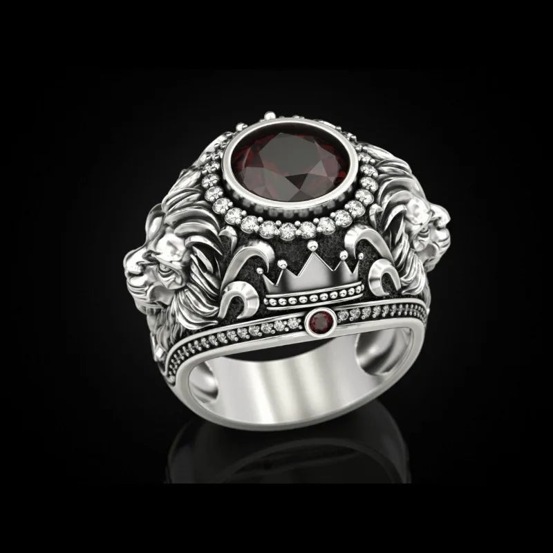 Fashion Gold Silver Color Men Rings Round Crown Lion Green White Stone Rings Jewelry Party Gift