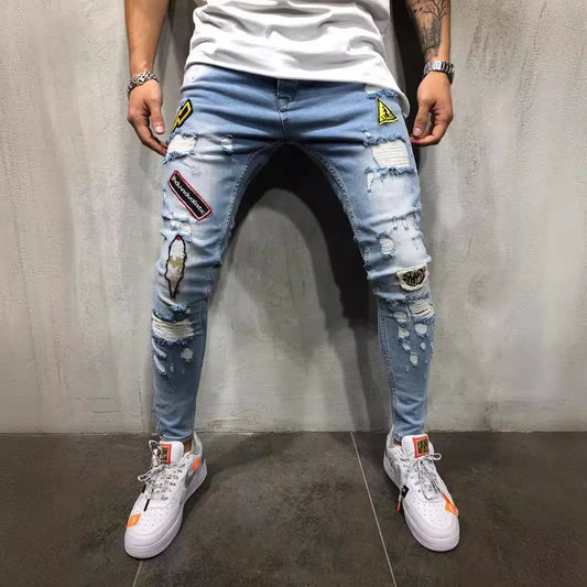 European and American Best-selling Men's Hip Hop High-End Slim-Fit Ripped Slim-Fit Pants, New Style Micro-Badge Slim-Fit Jeans