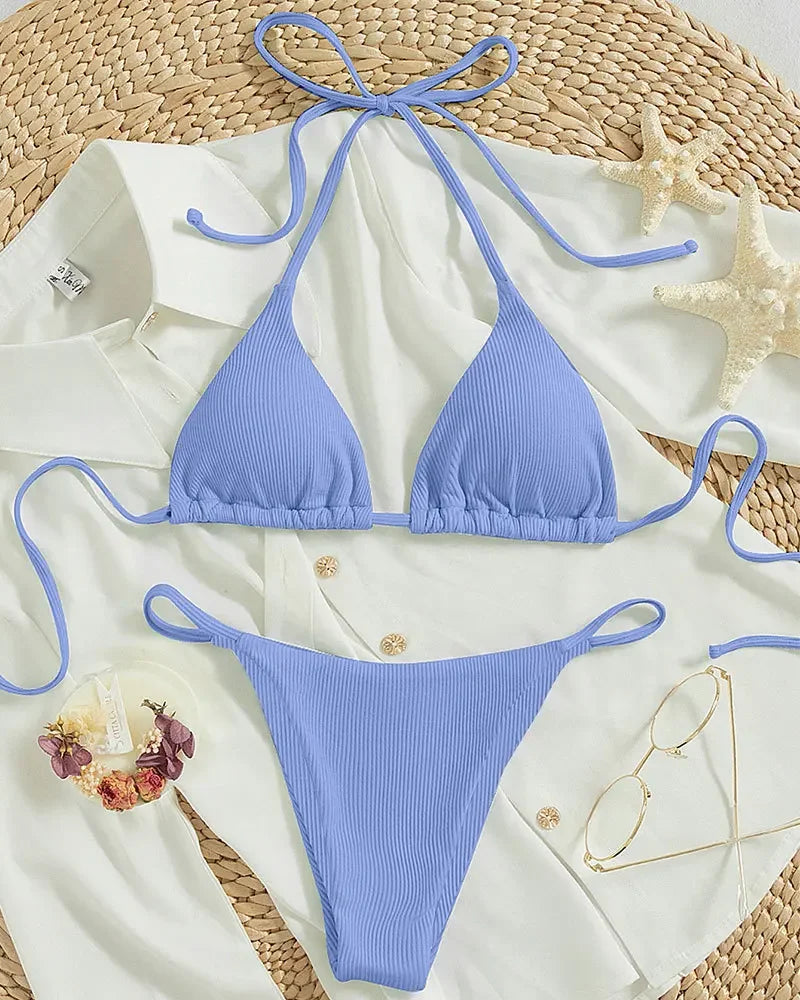 Special Pit Stripe Fabric Bikini Set Women Sexy Simple Solid Halter Bikini Swimsuit High Waisted Lace Up Beach Bathing Suit