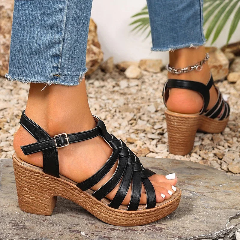 Fashion Woven Straps Chunky Heel Sandals Women Summer Ankle Buckle High Heeled Rome Shoes Woman Open Toe Platform Sandles 36-42