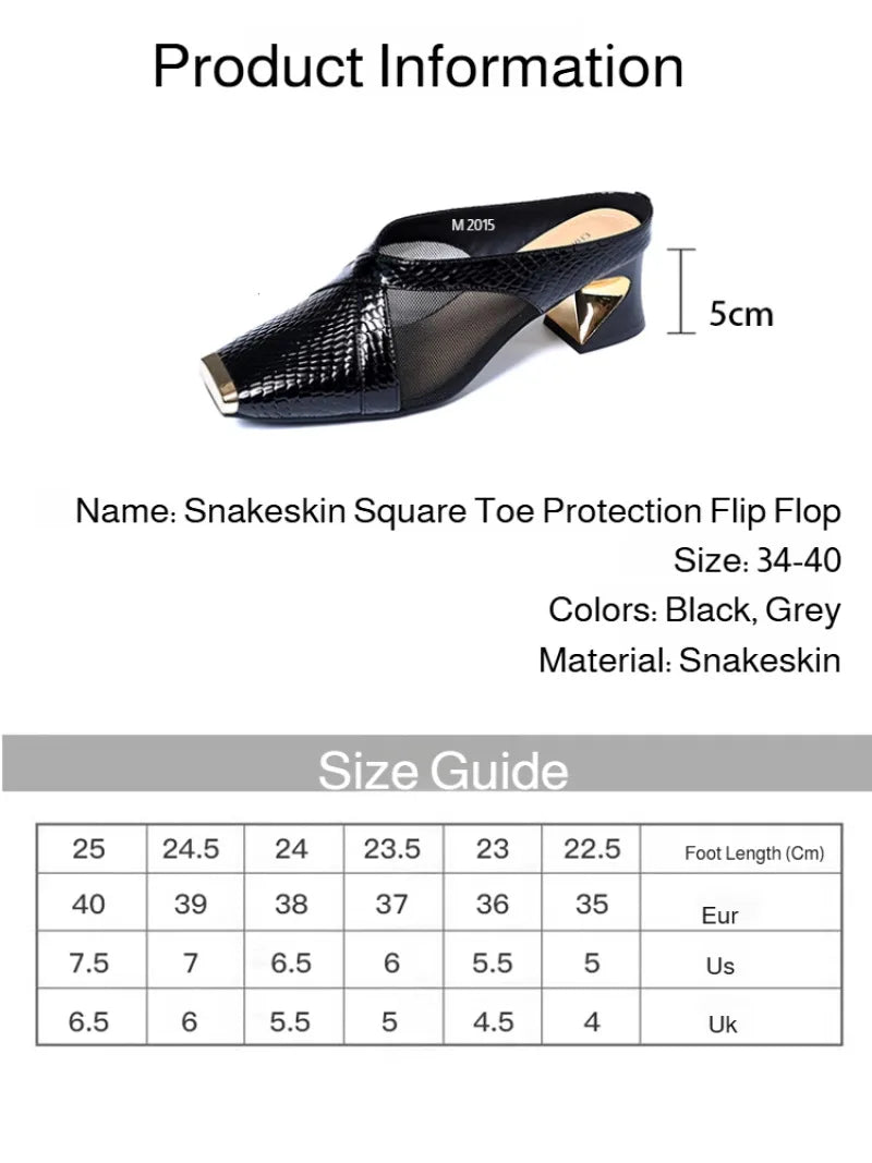 Women's outdoor sandals snakeskin thick heel mesh half slippers square toe sandals