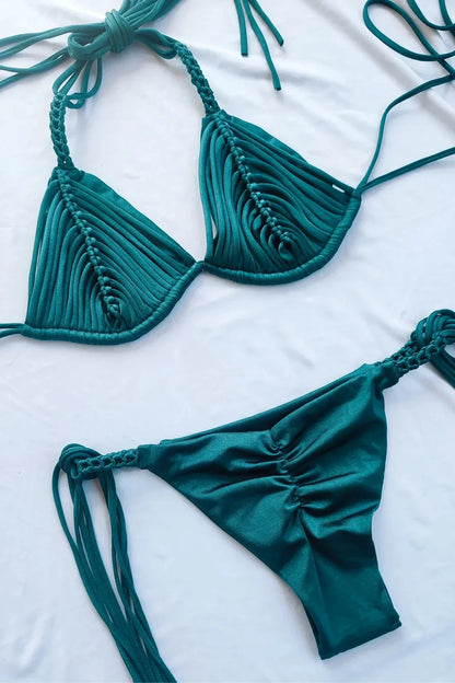2025 New Bandage Stripe Brazilian Bikini Swimwear Women's Braided Rope Swimsuit Two Piece Set Female Sexy Mujer Beachwear Summer
