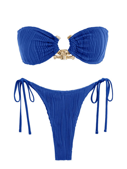 Solid O Ring  New Swimsuit For Women Tie Side Shiny Metal Hardware Ring Bandeau Bikini Swimwear Padded Bra Top Low Waisted