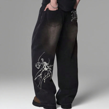Men's Hip Hop Anime Pattern Black Loose Wide Leg Jeans American Trend Retro Gothic Men Woman Wide-Leg Pants Streetwear