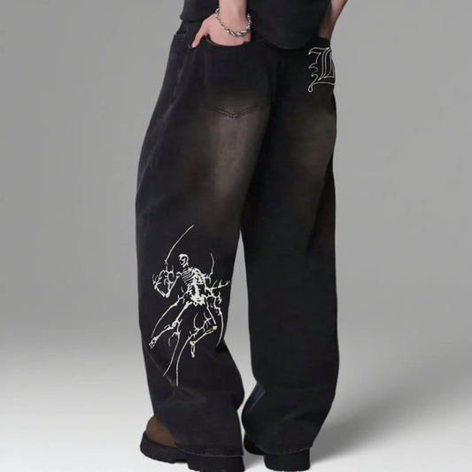 Men's Hip Hop Anime Pattern Black Loose Wide Leg Jeans American Trend Retro Gothic Men Woman Wide-Leg Pants Streetwear