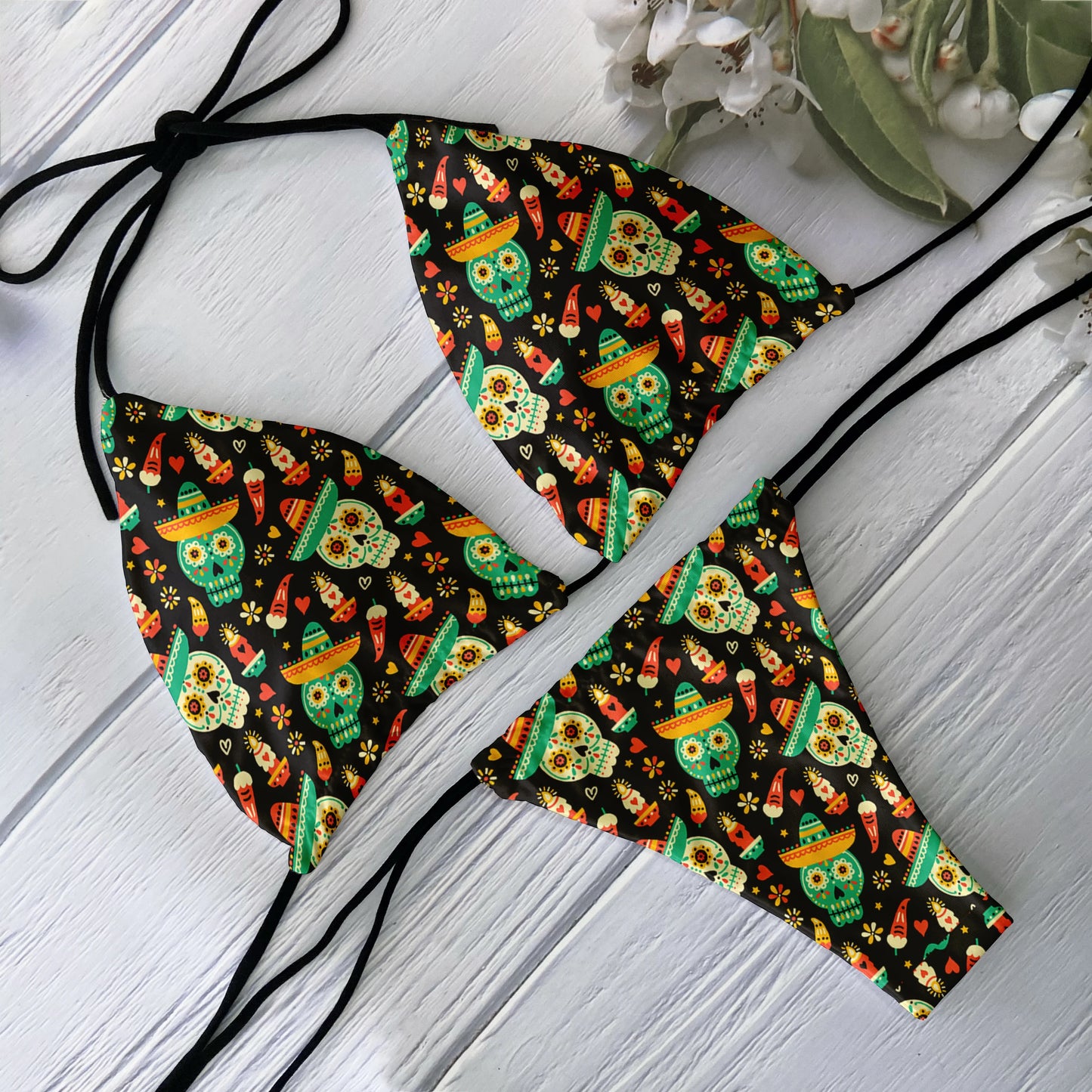 Fashion Bikini Set Women Backless Low Waist Sexy Skull Pattern Printed Swimsuit Beach Surfing Vacation Halloween Cosplay