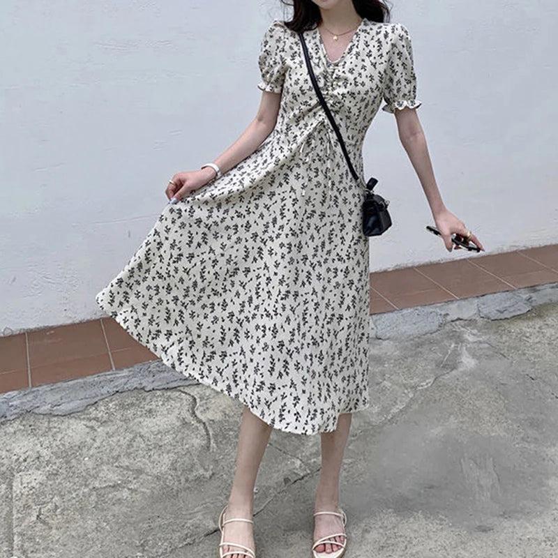 Elegant Floral Midi Dress for Women Korean Chic Printed V-neck Long Dress Female 2023 New Summer Short Sleeve Dresses