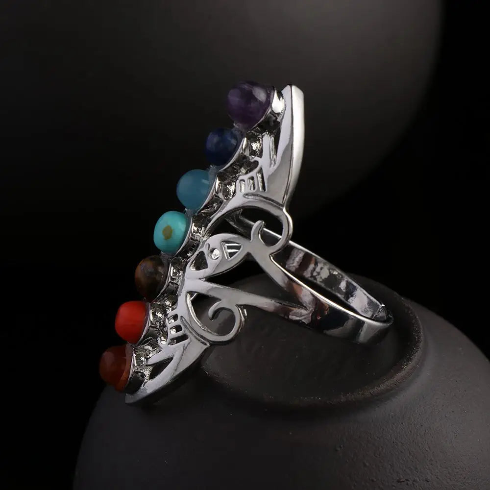7 Chakra Stone Bead Finger Rings Silver Plated Hollow Flower Adjustable Ring Reiki Balance Meditation Healing Gem Ring Jewelry