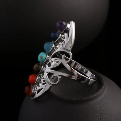 7 Chakra Stone Bead Finger Rings Silver Plated Hollow Flower Adjustable Ring Reiki Balance Meditation Healing Gem Ring Jewelry