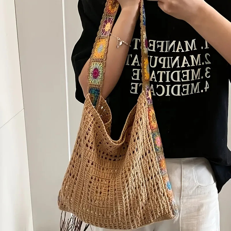 Women's Boho Crochet Bag Designer Flowers Knitted Handbags Large Capacity Summer Beach Woven Shoulder Bag Girls Tote Shopper Bag